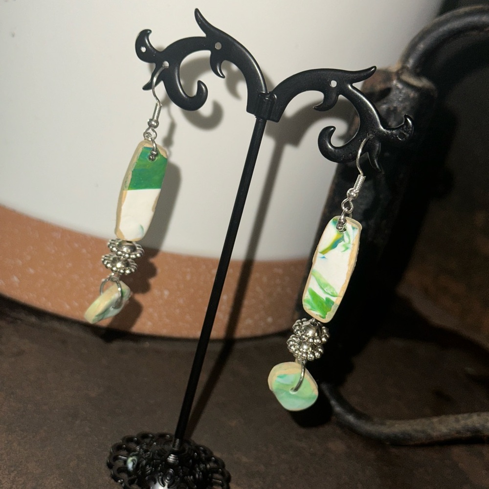 Green and Silver Dangle Earrings